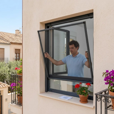 Mosquitera Fija Sin Taladrar para Ventanas Abatibles de Aluminio y PVC - Malla Negra - MOSQUIFACIL