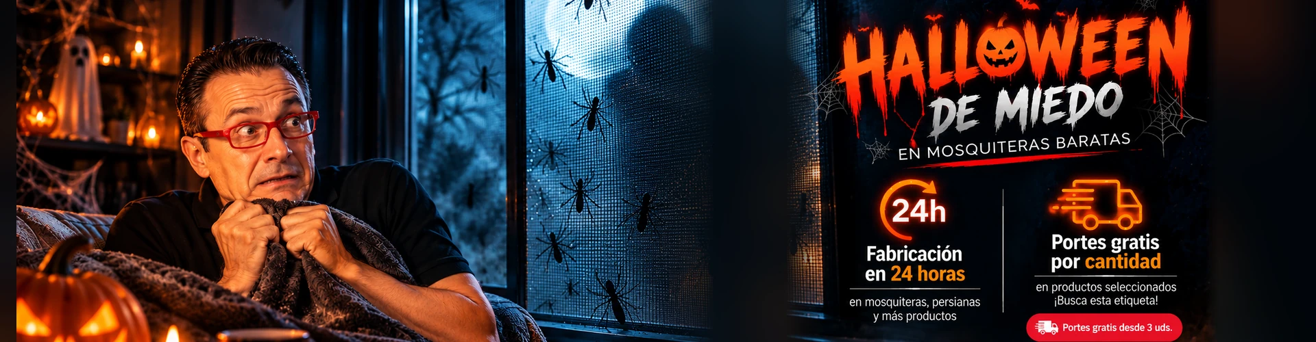 Halloween de miedo en Mosquiteras Baratas. Jose se asusta ante una silueta detrás de una mosquitera: fabricación 24 horas y portes gratis por cantidad en productos seleccionados.