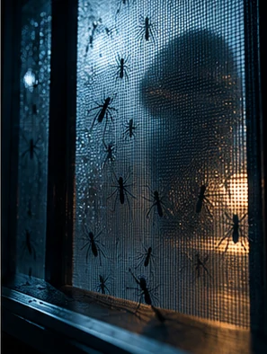 Silueta detrás de una mosquitera en una escena nocturna de Halloween