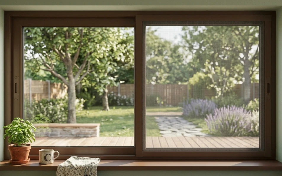 Mosquitera corredera marrón de aluminio blanco con malla gris instalada en ventana