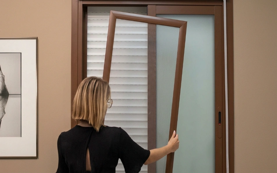 Mosquitera Corredera marrón Premium de Aluminio para Ventanas y Puertas Mosquitera corredera marrón de aluminio color blanco instalada en marco de ventana