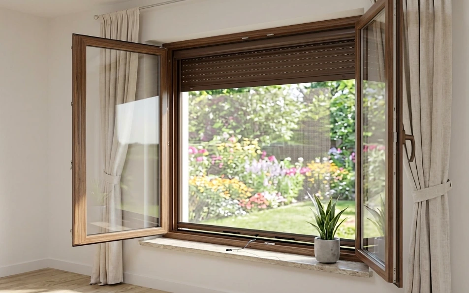 Mosquitera enrollable marrón antipolen para ventanas con tejido certificado Mosquitera enrollable marrón con malla oscura antipolen instalada en ventana blanca