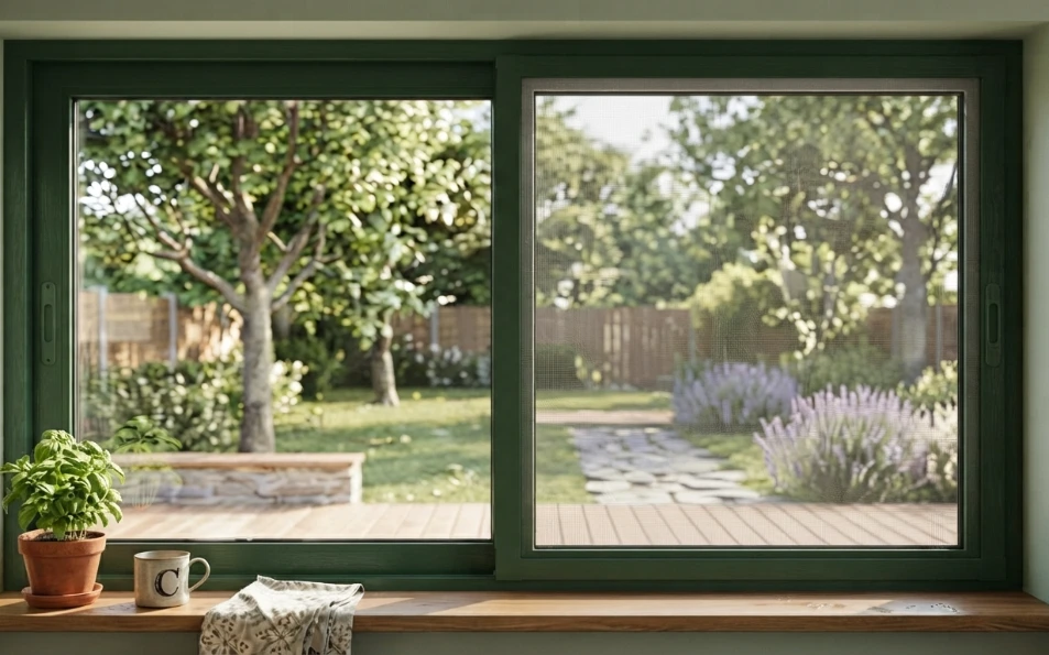 Mosquitera Corredera de Fibra de Vidrio para Ventanas en color verde Mosquitera corredera de aluminio lacado en color verde con malla gris instalada en ventana