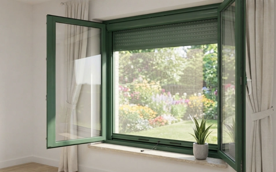 Mosquitera enrollable antipolen para ventanas con tejido certificado Mosquitera enrollable con malla oscura antipolen instalada en ventana blanca