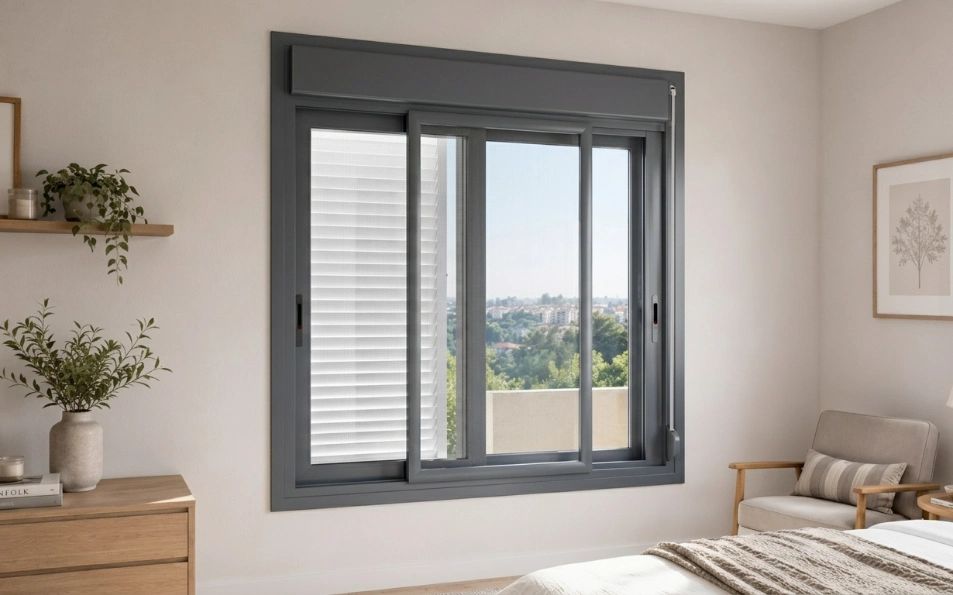 Mosquitera corredera gris Premium con rodamiento suave Detalle de mosquitera corredera Premium con perfil gris y malla de fibra de vidrio