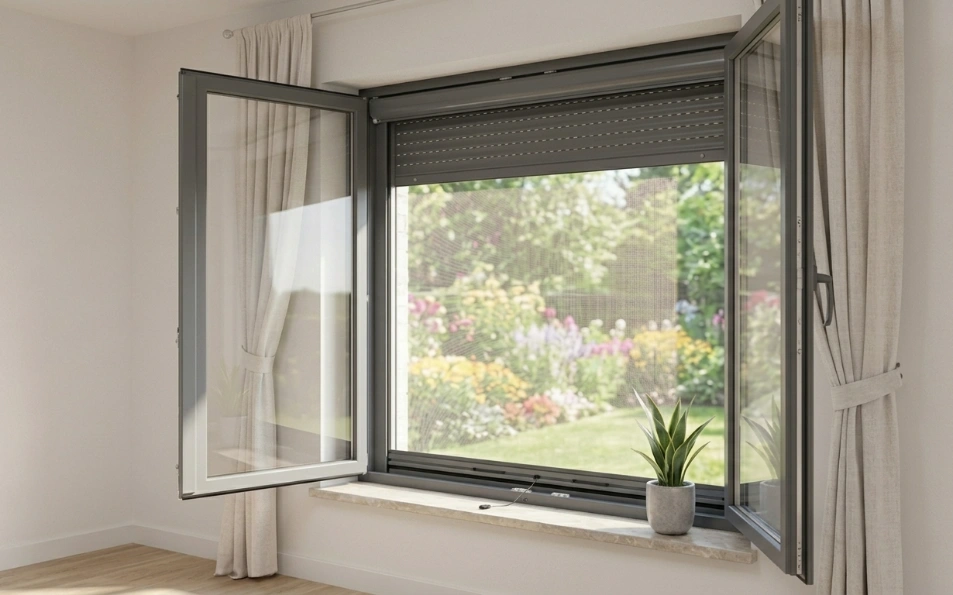 Mosquitera enrollable antipolen gris para ventanas con cajón de 39 mm Mosquitera enrollable antipolen con perfilería gris instalada en ventana