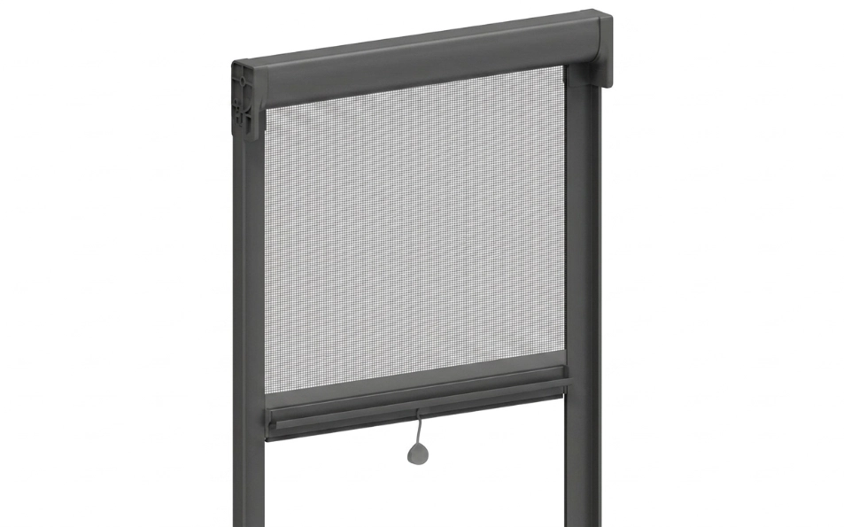 Mosquitera enrollable antiviento Fast50 gris a medida Mosquitera enrollable antiviento Fast50 con perfilería gris instalada en ventana