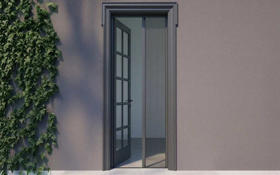 Mosquitera plisada Plissé de doble cadena con perfilería gris instalada