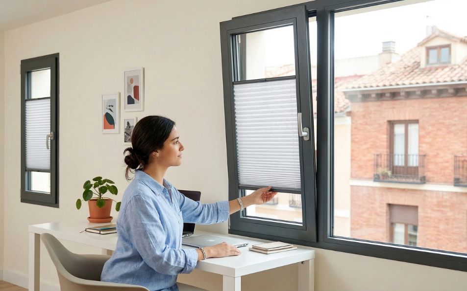 Estor Plisado Celular Opaco Negro Fijación Sin Agujeros Estor celular opaco de color negro bloqueando la luz solar en una habitación