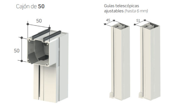Cajón de 50 y guías telescópicas ajustables