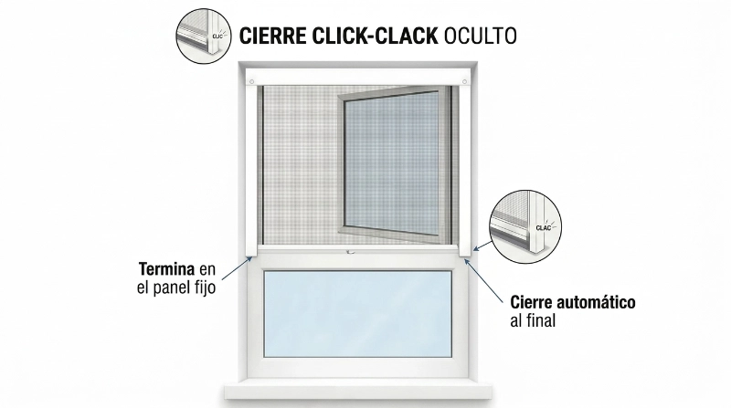 Esquema técnico apaisado de mosquitera con cierre click-clack oculto