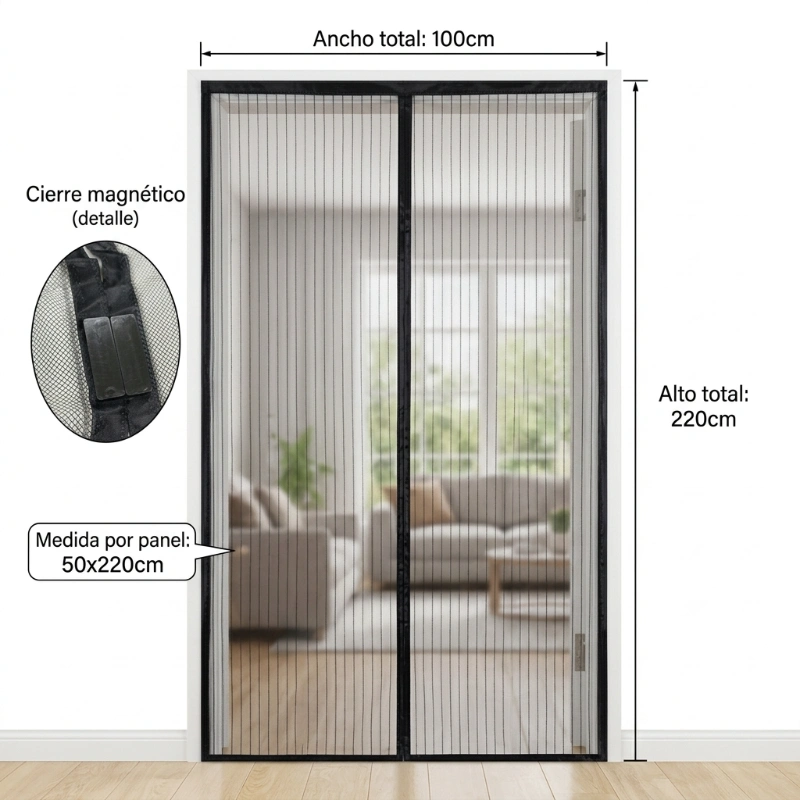 Cortina mosquitera magnética negra de dos paneles 100 x 220 cm
