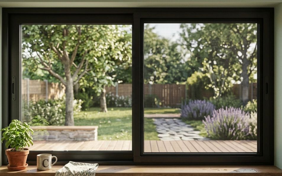 Mosquitera Corredera de Fibra de Vidrio para Ventanas color negro Mosquitera corredera de aluminio negro con malla gris instalada en ventana