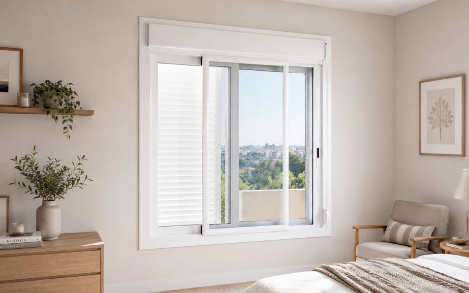 Mosquitera Deslizante Antipolen de Alta Eficiencia para Balcones Estructura de mosquitera deslizante montada con perfil blanco y malla protectora contra alérgenos