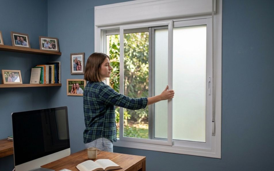 Mosquitera corredera premium con malla negra instalada en ventana Mosquitera corredera premium con malla negra en una ventana corredera blanca, ideal para proteger frente a insectos y mejorar la visibilidad exterior.