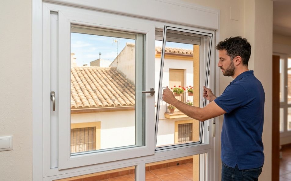 Mosquitera fija sin taladrar colocada en una ventana corredera de PVC mediante ganchos regulables al raíl - Fibra de Vidrio