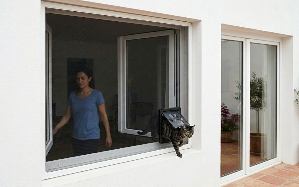 Mosquitera fija a medida con malla PetScreen y gatera integrada, pensada para hogares con mascotas y protección frente a insectos.