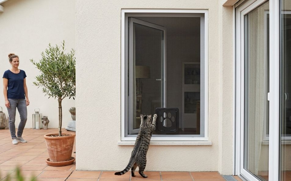Detalle de mosquitera fija con malla PetScreen reforzada y gatera para facilitar el libre paso de mascotas pequeñas.