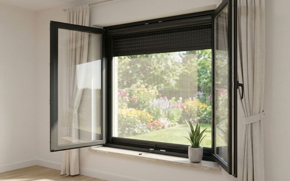Mosquitera enrollable negra con malla oscura antipolen instalada en ventana negra