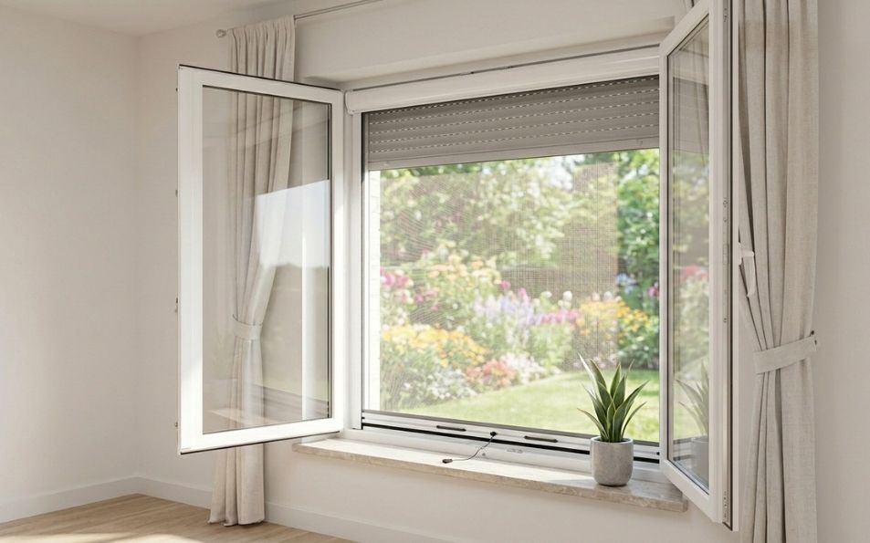 Mosquitera enrollable blanca antipolen para ventanas con tejido certificado Mosquitera enrollable blanca con malla oscura antipolen instalada en ventana blanca
