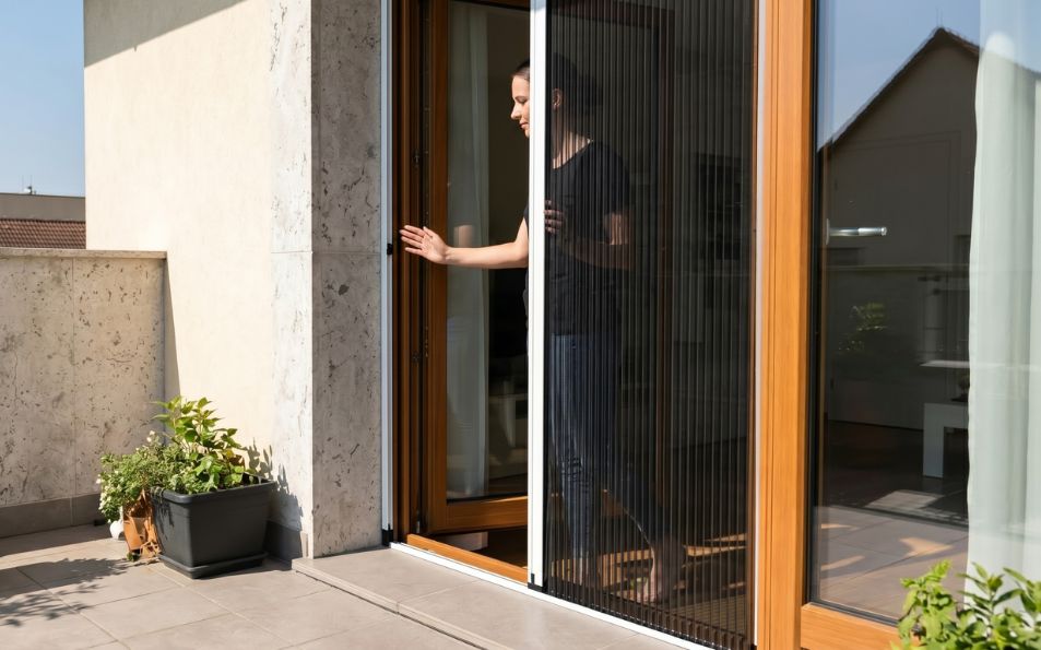 Mosquitera Slim Adhesiva de Malla Plisada para Puertas sin Taladrar Puerta de paso con mosquitera de malla plisada negra y marco de aluminio gris minimalista sin tornillos visibles